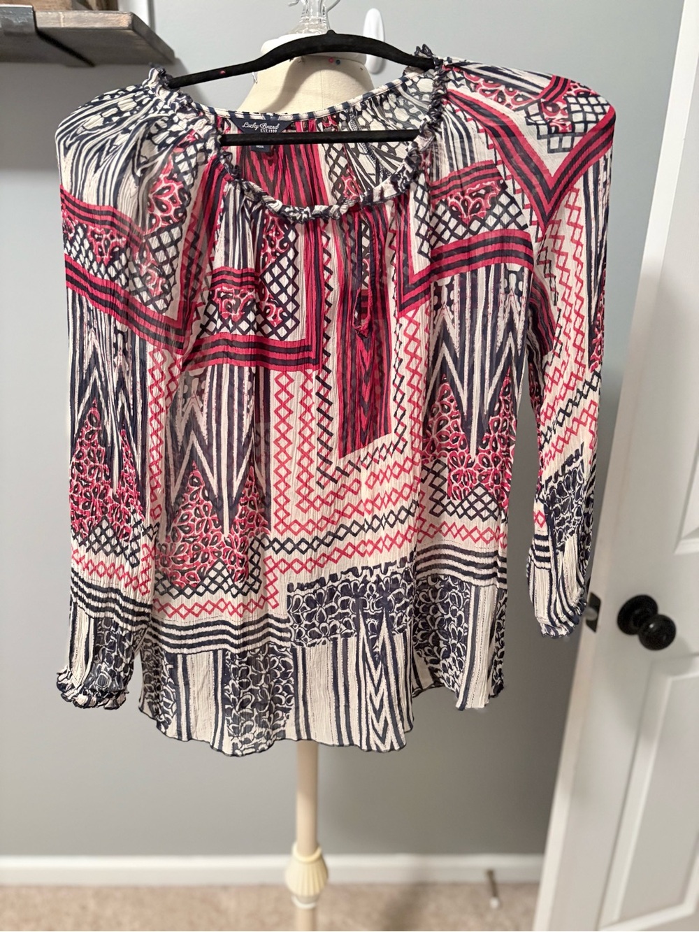 Lucky Brand Red & Navy Geometric Peasant Blouse
